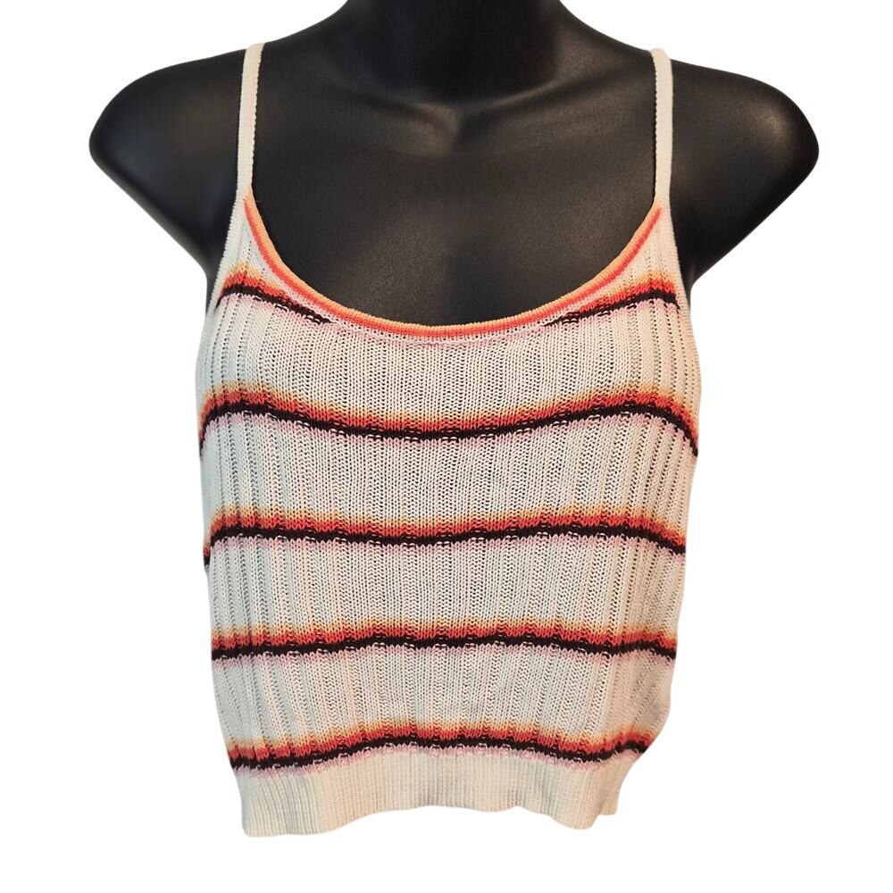 IJOAH Striped Knit Cami Top Orange Yellow‎ Black Ribbed Spaghetti Strap SW7535 M